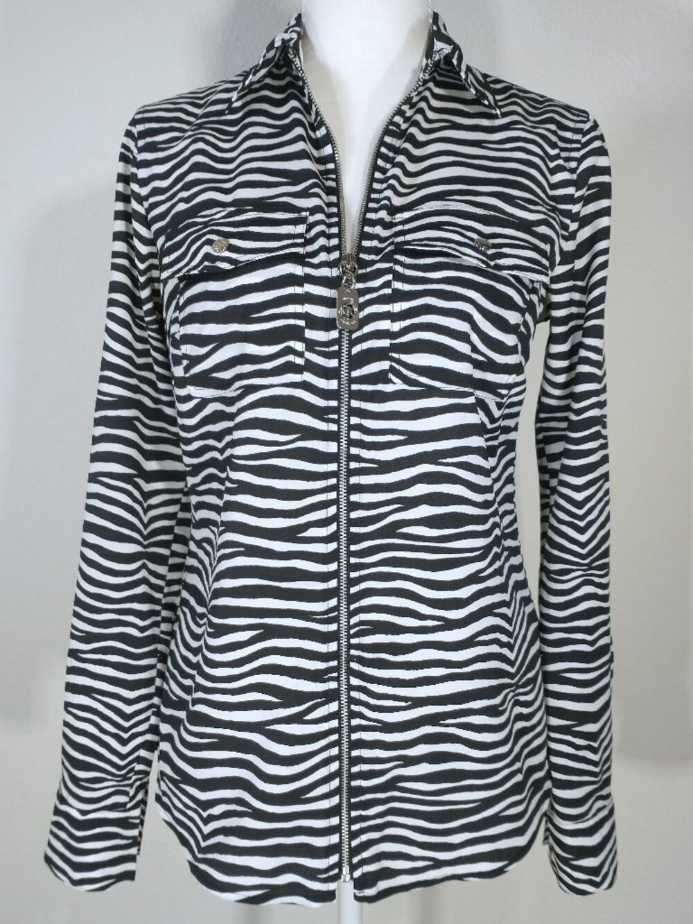 Michael Kors Zebra Print Zip-Front Roll-Tab Utility Lightweight Blouse XS